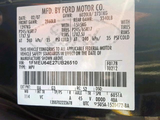 1FMEU64E27UB26510 - 2007 FORD EXPLORER E BLACK photo 10