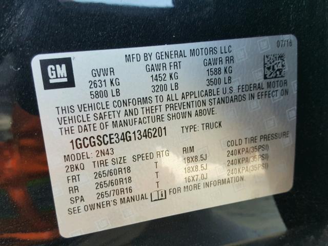 1GCGSCE34G1346201 - 2016 CHEVROLET COLORADO L BLACK photo 10