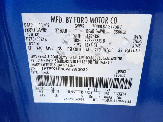 1FTEX1E88AFA93032 - 2010 FORD F150 SUPER BLUE photo 10