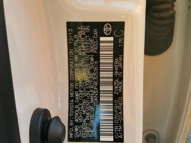 JTDKN3DP4E3053616 - 2014 TOYOTA PRIUS PLUG WHITE photo 10