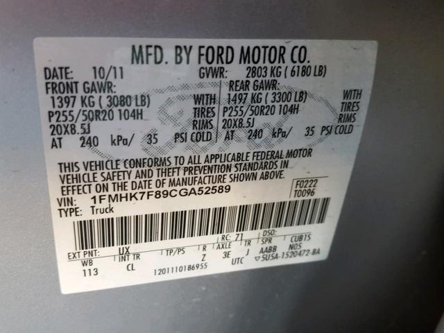 1FMHK7F89CGA52589 - 2012 FORD EXPLORER L SILVER photo 10