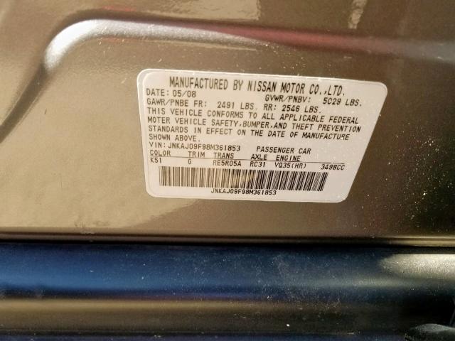 JNKAJ09F98M361853 - 2008 INFINITI EX35 BASE GRAY photo 10