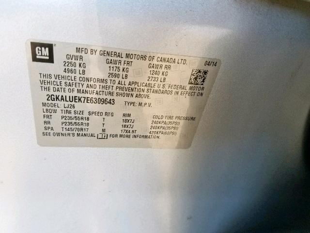 2GKALUEK7E6309643 - 2014 GMC TERRAIN DE SILVER photo 10