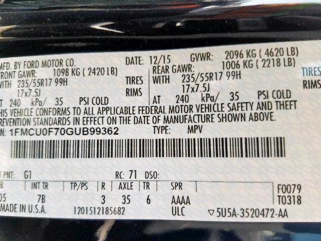 1FMCU0F70GUB99362 - 2016 FORD ESCAPE S BLACK photo 10