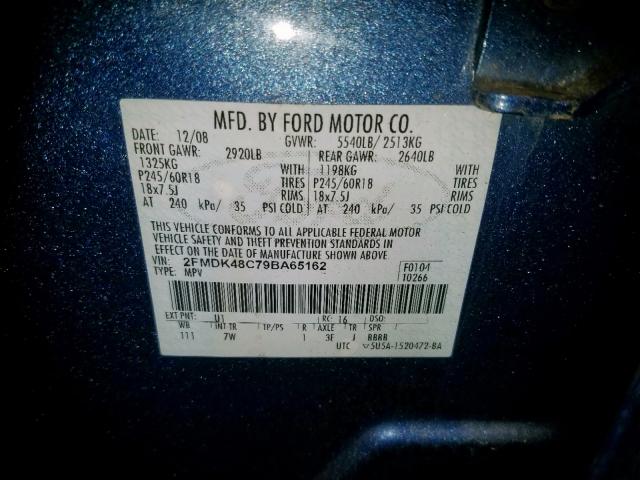 2FMDK48C79BA65162 - 2009 FORD EDGE SEL BLUE photo 10