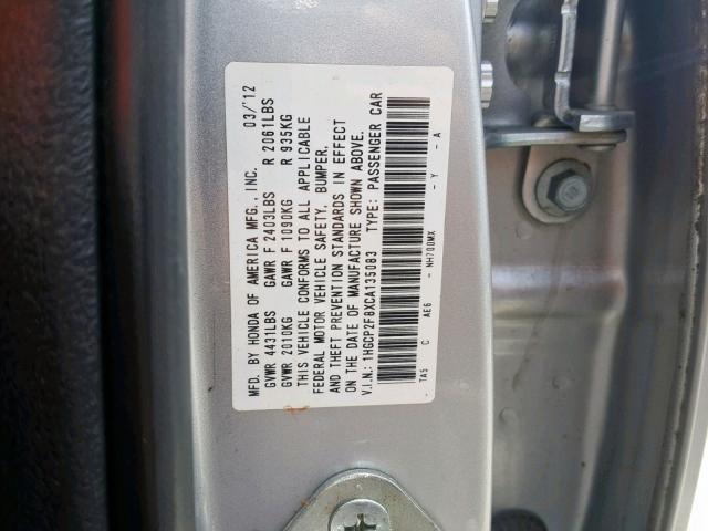 1HGCP2F8XCA135083 - 2012 HONDA ACCORD EXL SILVER photo 10