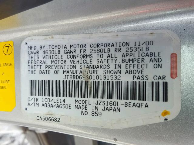 JT8BD69S010131532 - 2001 LEXUS GS 300 SILVER photo 10