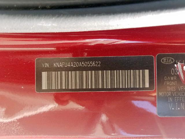 KNAFU4A20A5055622 - 2010 KIA FORTE EX RED photo 10