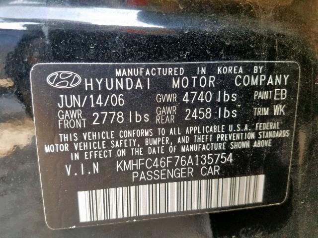 KMHFC46F76A135754 - 2006 HYUNDAI AZERA SE BLACK photo 10