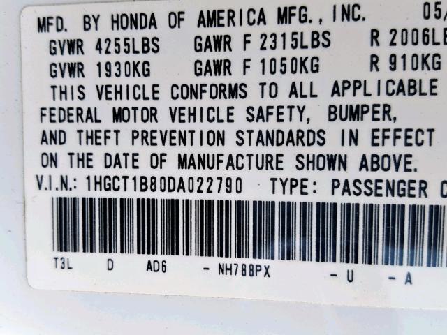 1HGCT1B80DA022790 - 2013 HONDA ACCORD EXL WHITE photo 10