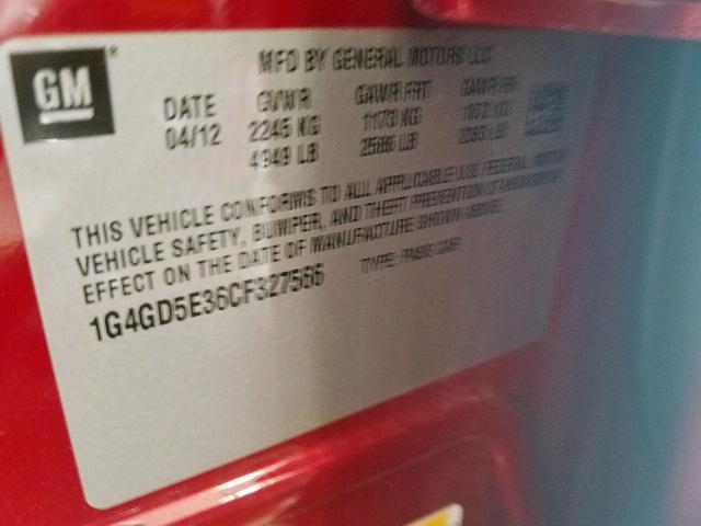 1G4GD5E36CF327566 - 2012 BUICK LACROSSE P RED photo 10