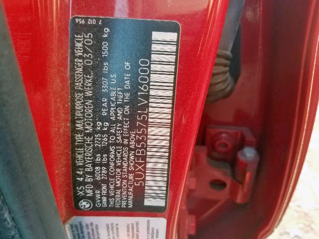 5UXFB53575LV16000 - 2005 BMW X5 4.4I RED photo 10