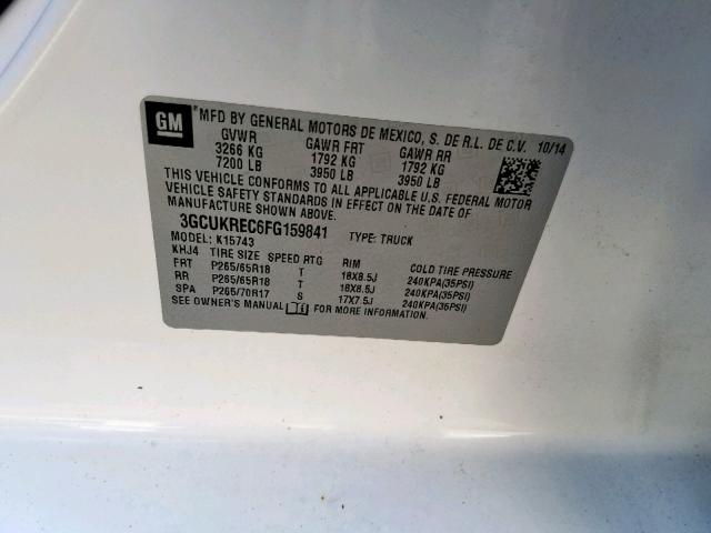 3GCUKREC6FG159841 - 2015 CHEVROLET SILVERADO WHITE photo 10