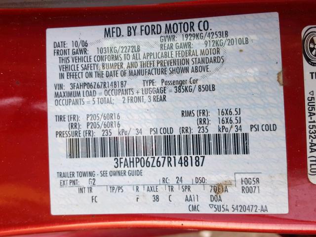 3FAHP06Z67R148187 - 2007 FORD FUSION S RED photo 10