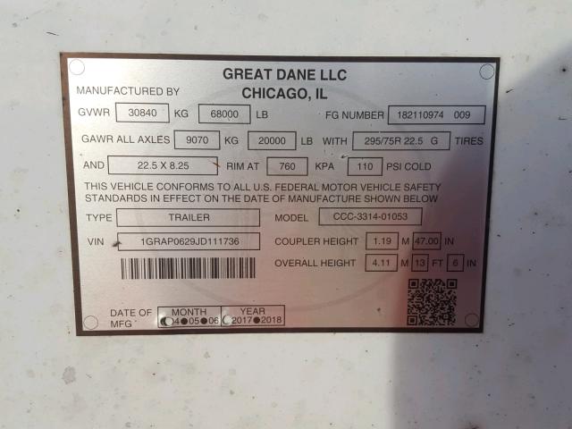 1GRAP0629JD111736 - 2018 GREAT DANE TRAILER DRY VAN WHITE photo 10