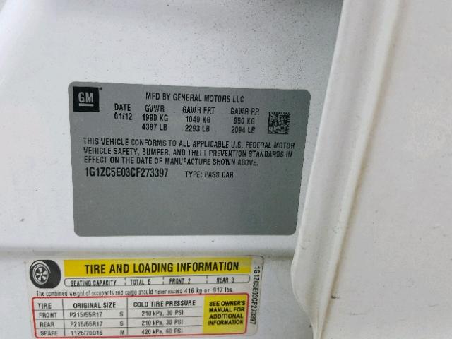 1G1ZC5E03CF273397 - 2012 CHEVROLET MALIBU 1LT WHITE photo 10