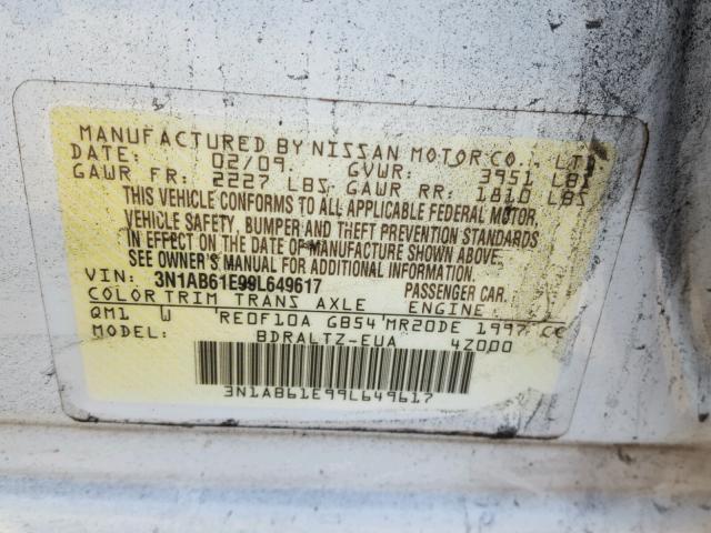 3N1AB61E99L649617 - 2009 NISSAN SENTRA 2.0 WHITE photo 10