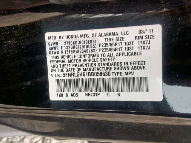 5FNRL5H61BB058630 - 2011 HONDA ODYSSEY EX BLACK photo 10