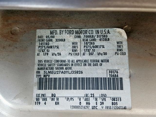 5LMEU27A0YLJ35826 - 2000 LINCOLN NAVIGATOR თაფლისფერი ფოტო 10