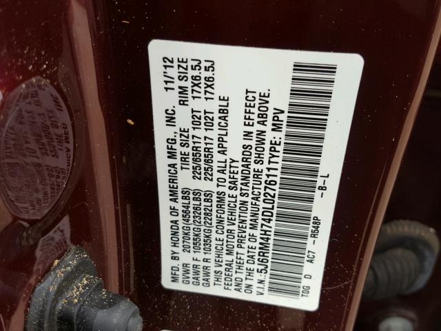 5J6RM4H74DL027611 - 2013 HONDA CR-V EXL BURGUNDY photo 10