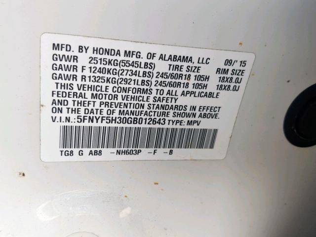 5FNYF5H30GB012643 - 2016 HONDA PILOT EX WHITE photo 10