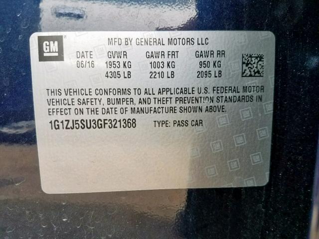 1G1ZJ5SU3GF321368 - 2016 CHEVROLET MALIBU HYB 蓝色 照片 10