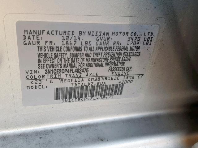 3N1CE2CP4FL402475 - 2015 NISSAN VERSA NOTE SILVER photo 10