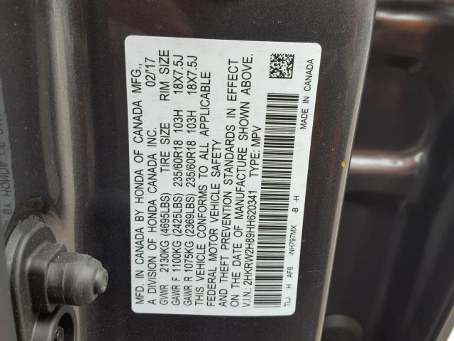 2HKRW2H89HH620341 - 2017 HONDA CR-V EXL GRAY photo 10