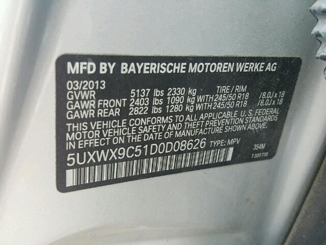 5UXWX9C51D0D08626 - 2013 BMW X3 XDRIVE2 SILVER photo 10