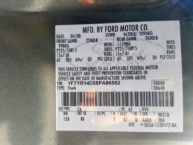 1FTYR14D58PA86582 - 2008 FORD RANGER SUP GRAY photo 10