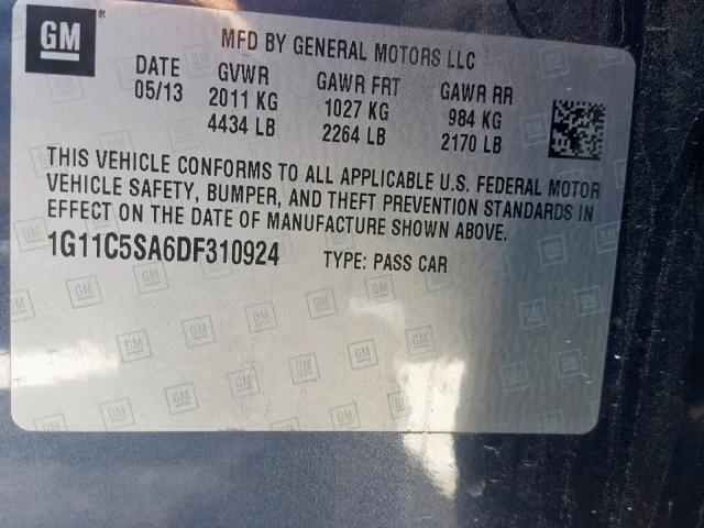 1G11C5SA6DF310924 - 2013 CHEVROLET MALIBU 1LT GRAY photo 10