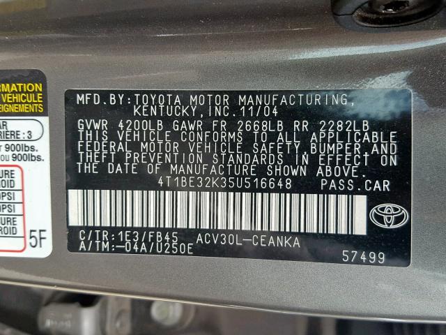 4T1BE32K35U516648 - 2005 TOYOTA CAMRY LE GRAY photo 10