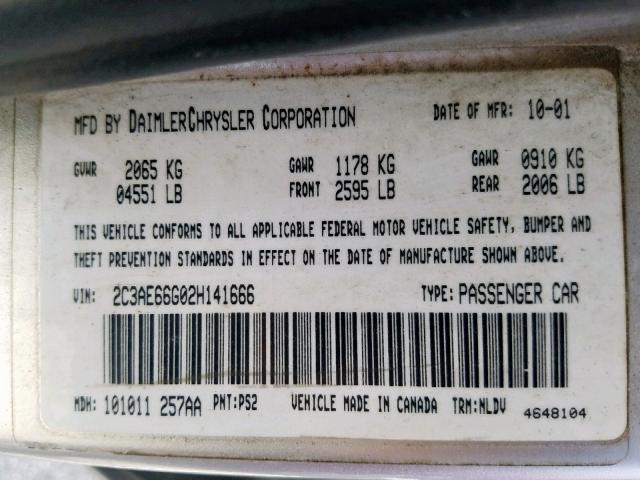 2C3AE66G02H141666 - 2002 CHRYSLER 300M SILVER photo 10