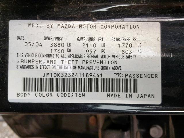 JM1BK323241189441 - 2004 MAZDA 3 S BLACK photo 10