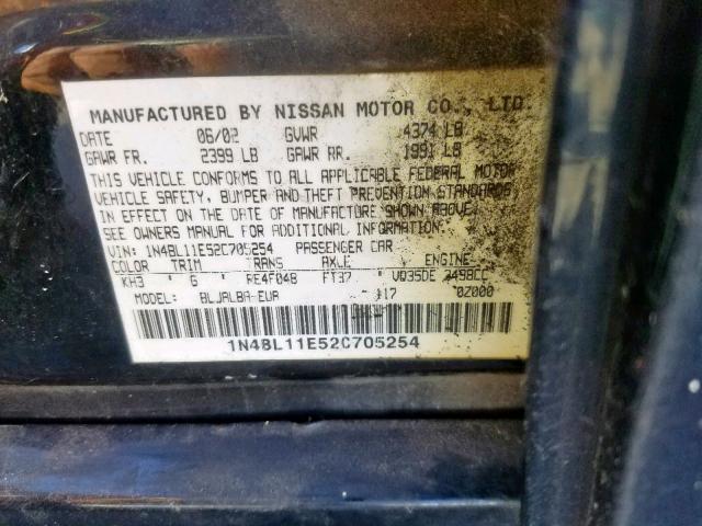 1N4BL11E52C705254 - 2002 NISSAN ALTIMA SE BLACK photo 10