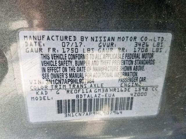 3N1CN7AP9HL907964 - 2017 NISSAN VERSA S GRAY photo 10