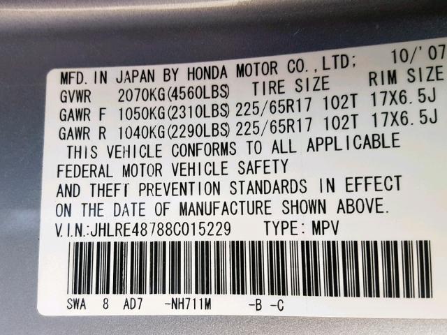 JHLRE48788C015229 - 2008 HONDA CR-V EXL SILVER photo 10