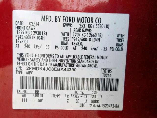 2FMDK4JC8EBA44390 - 2014 FORD EDGE SEL RED photo 10