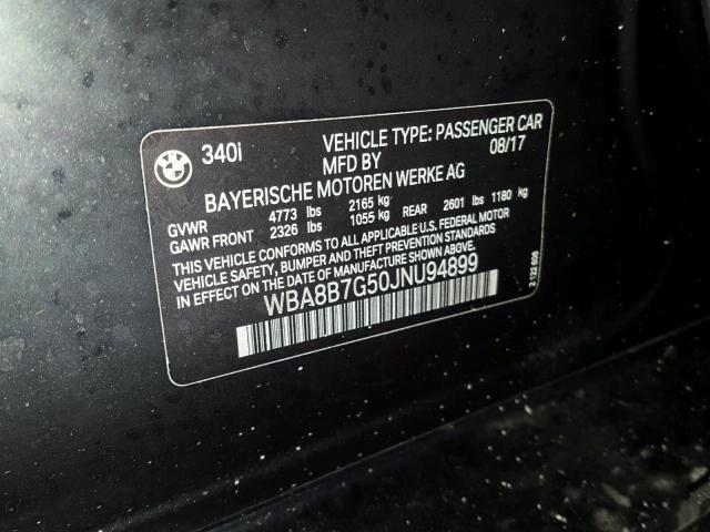 WBA8B7G50JNU94899 - 2018 BMW 340 XI BLACK photo 10