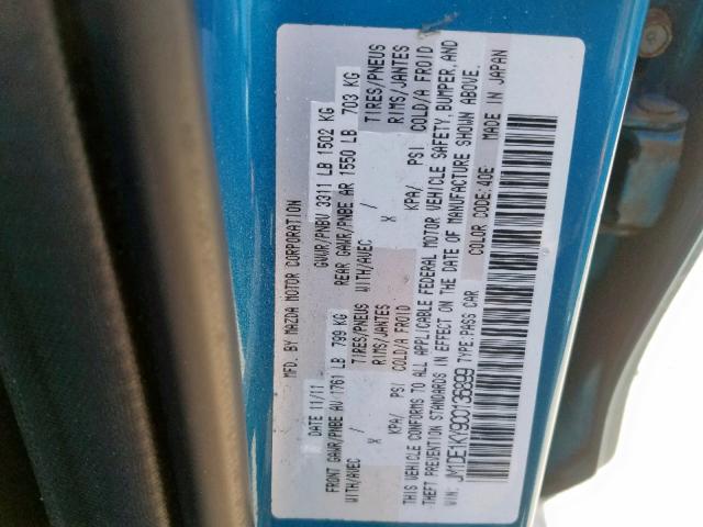 JM1DE1KY9C0136899 - 2012 MAZDA MAZDA2 BLUE photo 10