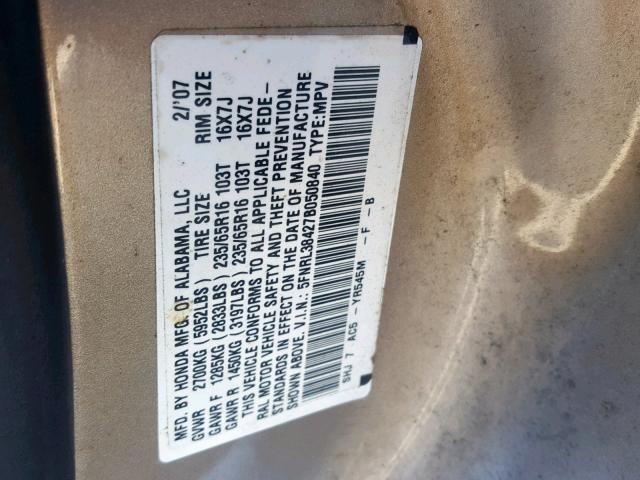 5FNRL38427B050840 - 2007 HONDA ODYSSEY EX GOLD photo 10