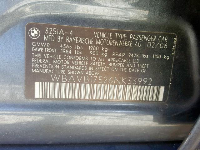 WBAVB17526NK33992 - 2006 BMW 325 I AUTO BLACK photo 10