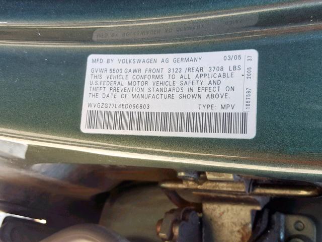 WVGZG77L45D066803 - 2005 VOLKSWAGEN TOUAREG 3. GREEN photo 10