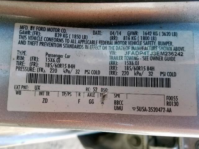 3FADP4TJ3EM236242 - 2014 FORD FIESTA S SILVER photo 10