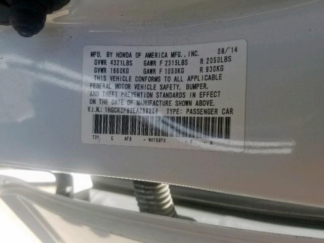 1HGCR2F82EA299294 - 2014 HONDA ACCORD EXL WHITE photo 10