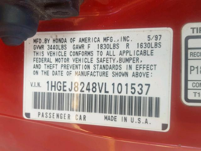 1HGEJ8248VL101537 - 1997 HONDA CIVIC EX RED photo 10