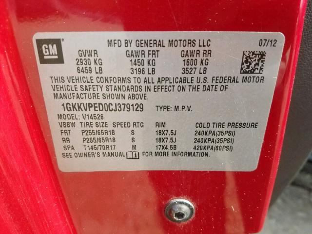 1GKKVPED0CJ379129 - 2012 GMC ACADIA SLE RED photo 10