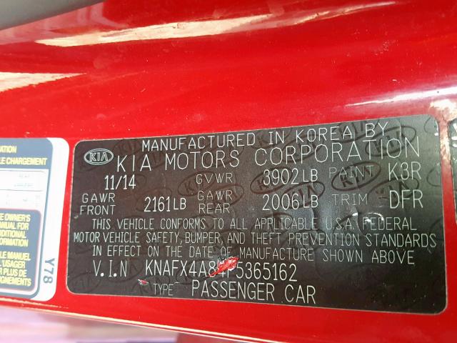 KNAFX4A84F5365162 - 2015 KIA FORTE EX RED photo 10