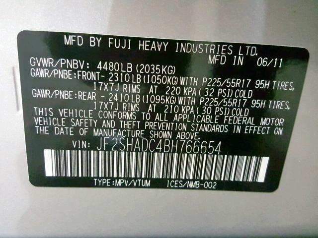 JF2SHADC4BH766654 - 2011 SUBARU FORESTER 2 SILVER photo 10