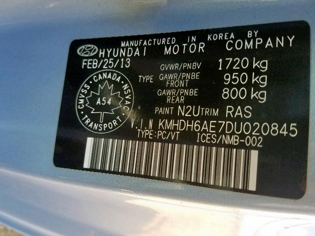 KMHDH6AE7DU020845 - 2013 HYUNDAI ELANTRA CO BLUE photo 10